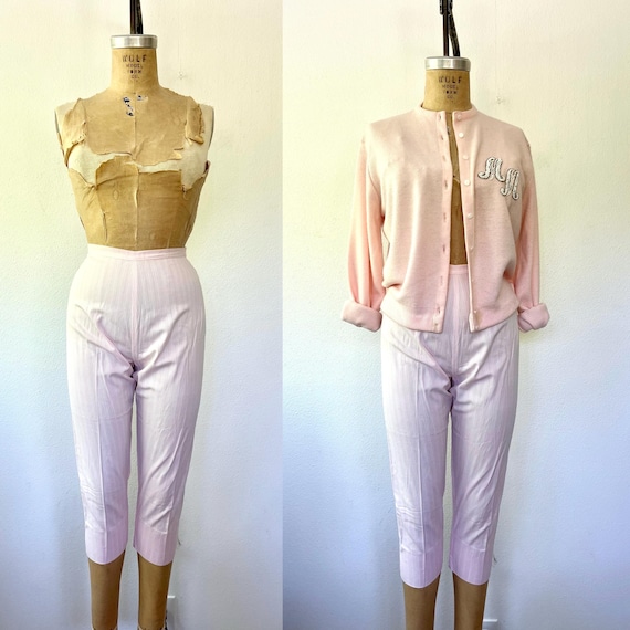1950s pedal pushers / high-waist pants / pink striped cotton pants