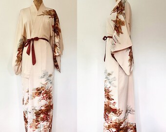 vintage kimono / zijden kimono gewaad / geschilderde bomen zijden kimono