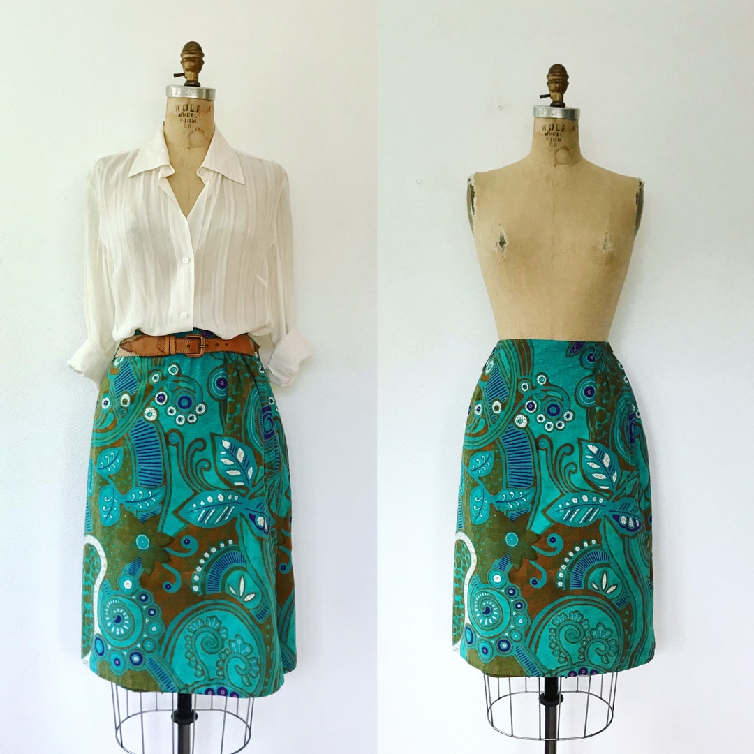 Vintage Wrap Skirt Set Black Print Abalone Buttons - SKIRT ONLY AVAILABLE main image 1