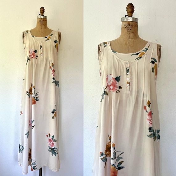 90s floral dress / rayon maxi dress / Big Blooms dress