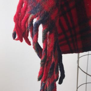 May include: Red and black plaid scarf with long fringe tassels. The scarf is made of a soft, fuzzy material.