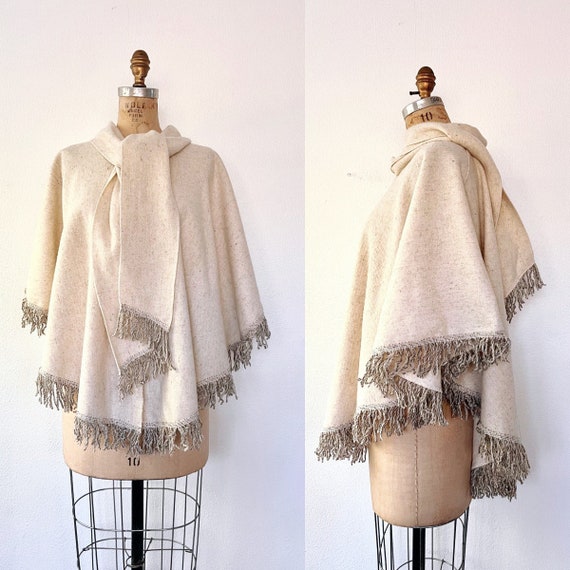 Woven Calyxtus poncho / vintage wool shawl / cream wool wrap