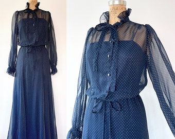 vintage polka dot dress / vintage 70s dress / navy maxi dress