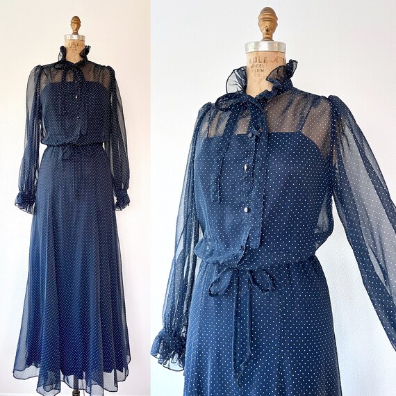 vintage polka dot dress / vintage 70s dress / navy maxi dress