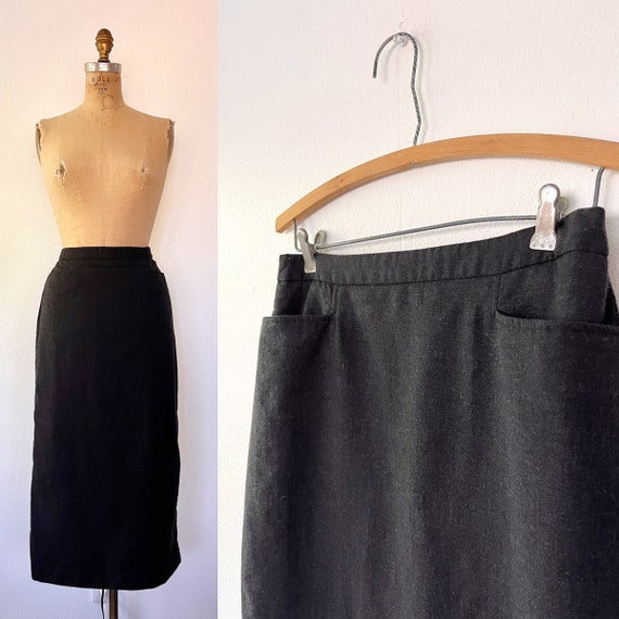 vintage wool skirt / walking skirt / 90s charcoal skirt
