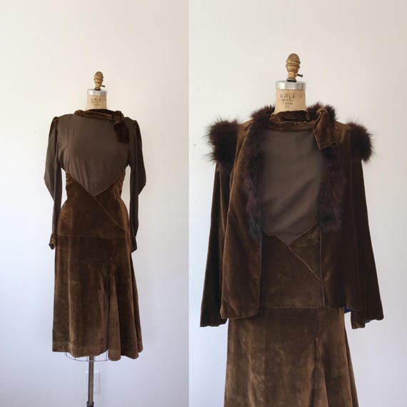 1930s dress / silk and velvet dress / 30s Aris dre