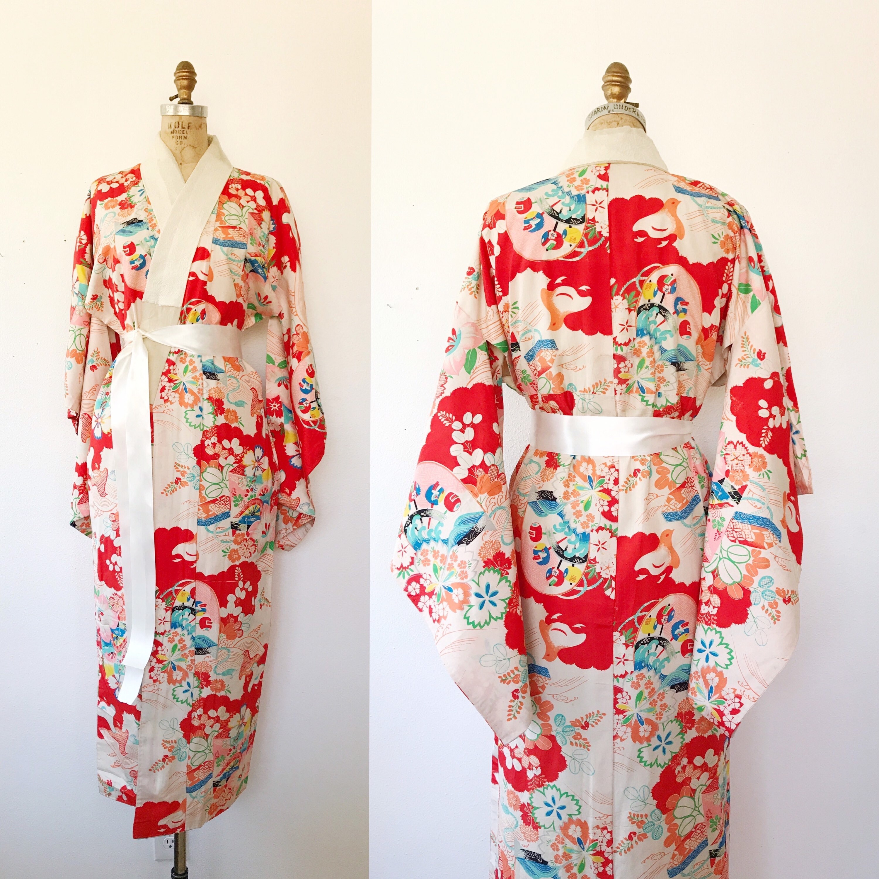 vintage kimono robe / vintage cotton kimono / Flower & Bird Juban kimono