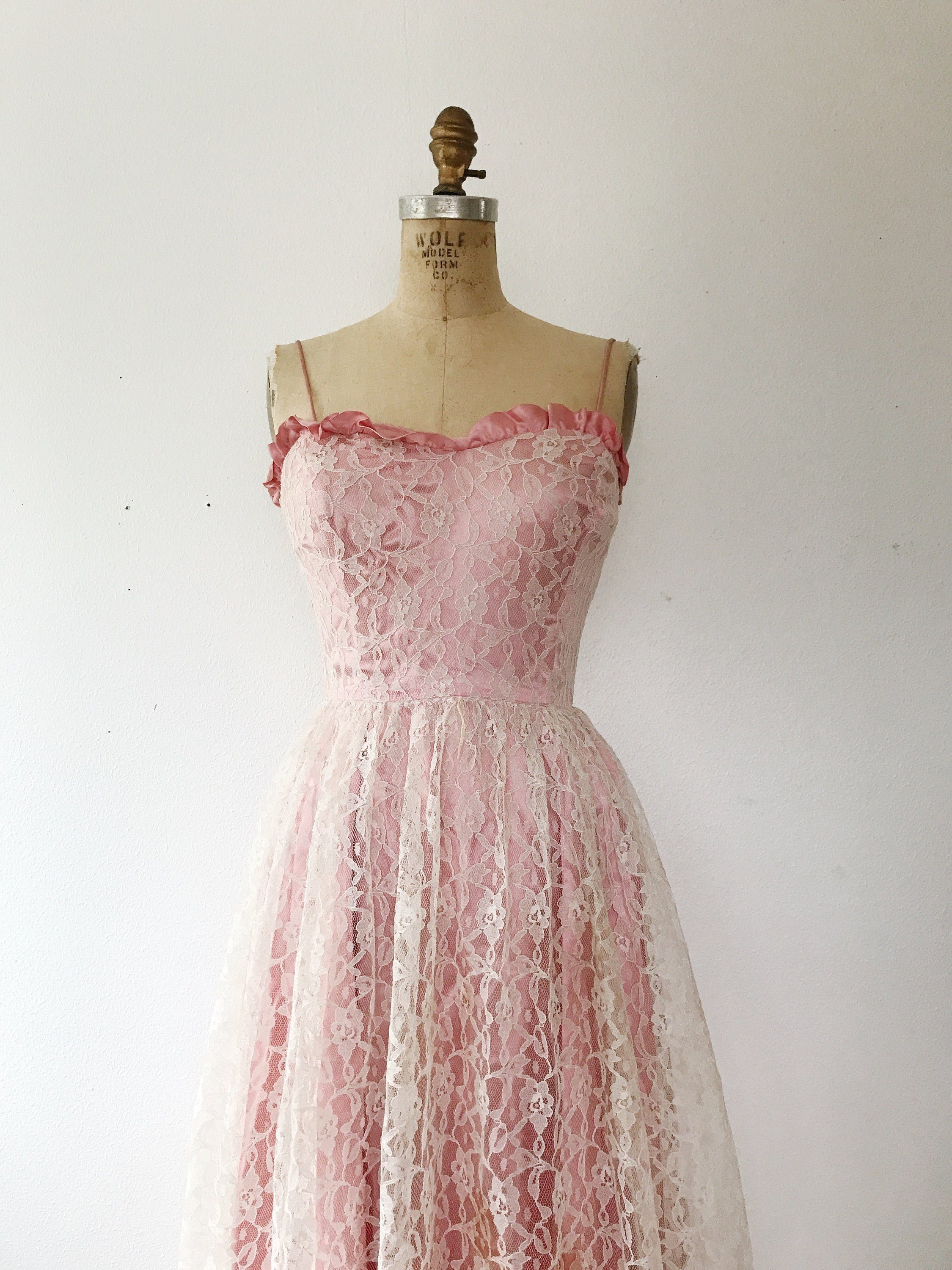 SALE 70s Lace dress 70s formal dress Pink Satin Lace dress
