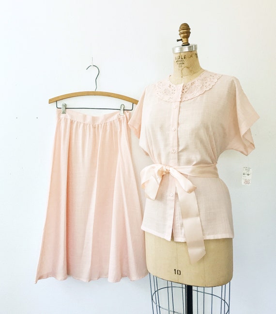 vintage lace dress / peach two piece dress / NOS C