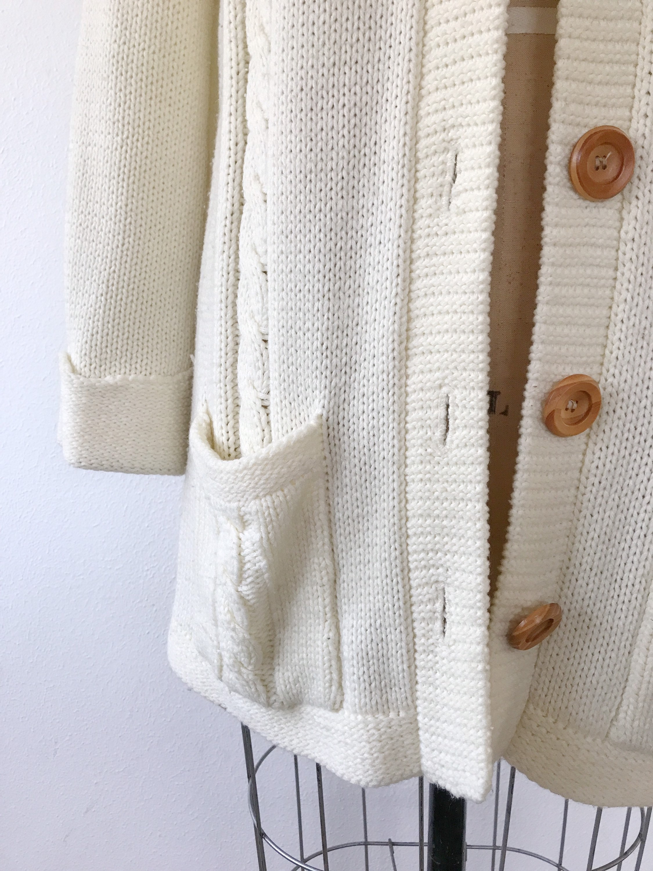Vintage Cream Cable Knit Cardigan with Plaid Collar main image 0