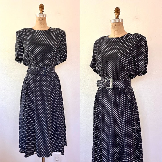 vintage polka dot dress / vintage 80s dress / navy maxi dress