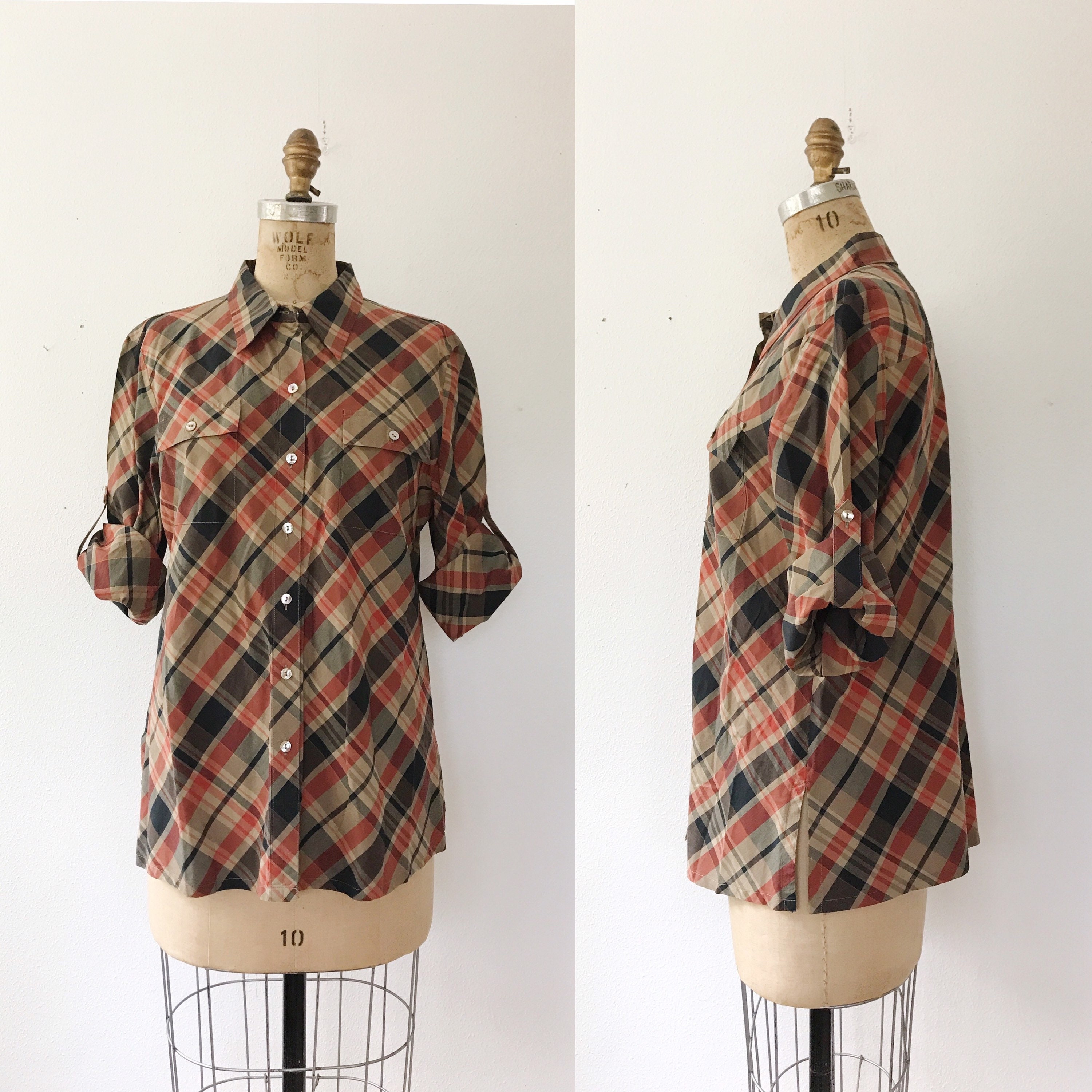 Autumn plaid blouse / 90s blouse / vintage cotton blouse