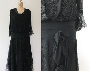 1920s dress / vintage silk dress / Cascade Lace Black silk dress