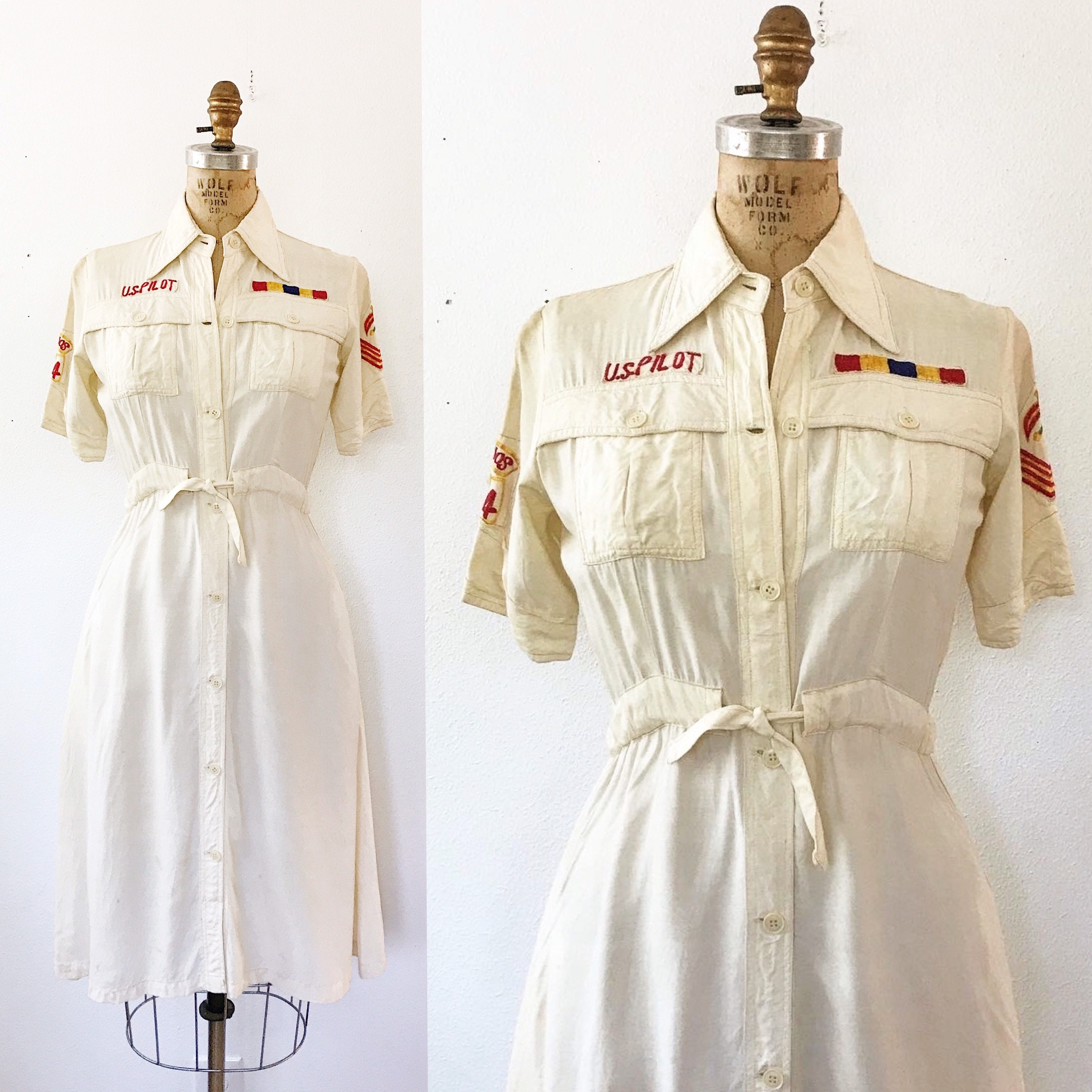 Female Pilot Utility dress / vintage 50s dress / rayon Military shirtdress