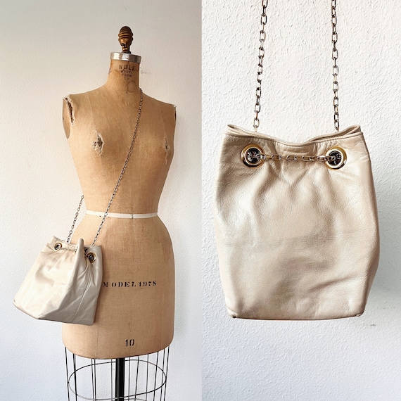 vintage leather purse / leather bucket bag / chain strap shoulder bag