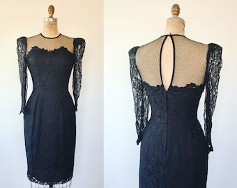 black cocktail dress / black lace dress / 80s lace dress
