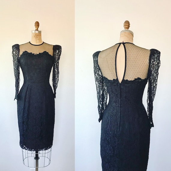 black cocktail dress / black lace dress / 80s lace dress
