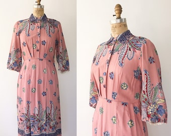 Mid Century dress / vintage rayon dress / Suzani print dress