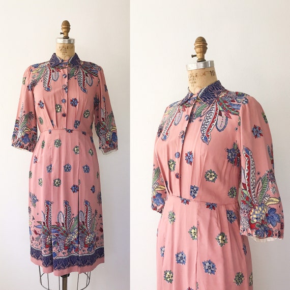 Mid Century dress / vintage rayon dress / Suzani print dress