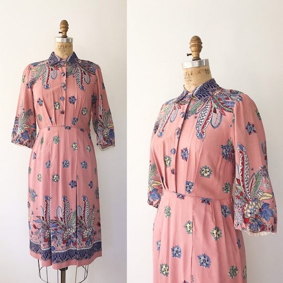 Mid Century dress / vintage rayon dress / Suzani print dress