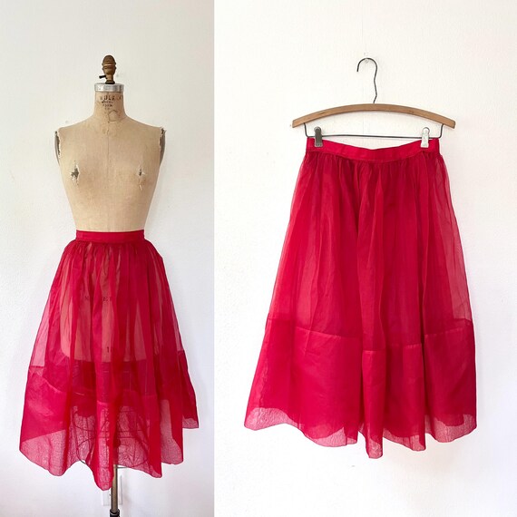 50s red sheer skirt / vintage 50s skirt / pleated red party skirt