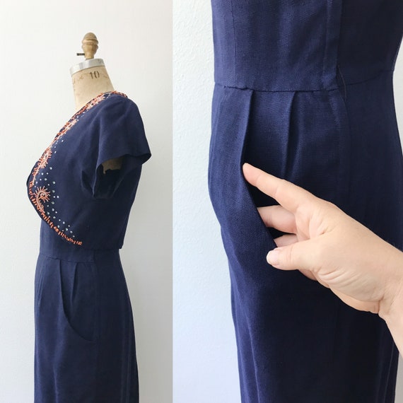 Moygashel dress / 1950s dress / beaded navy linen… - image 7