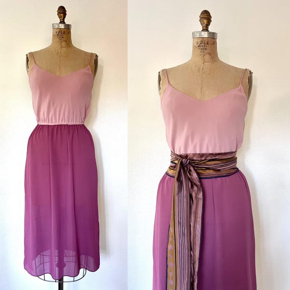 70s slip dress / vintage 70s dress / Plum Color-blocked dress