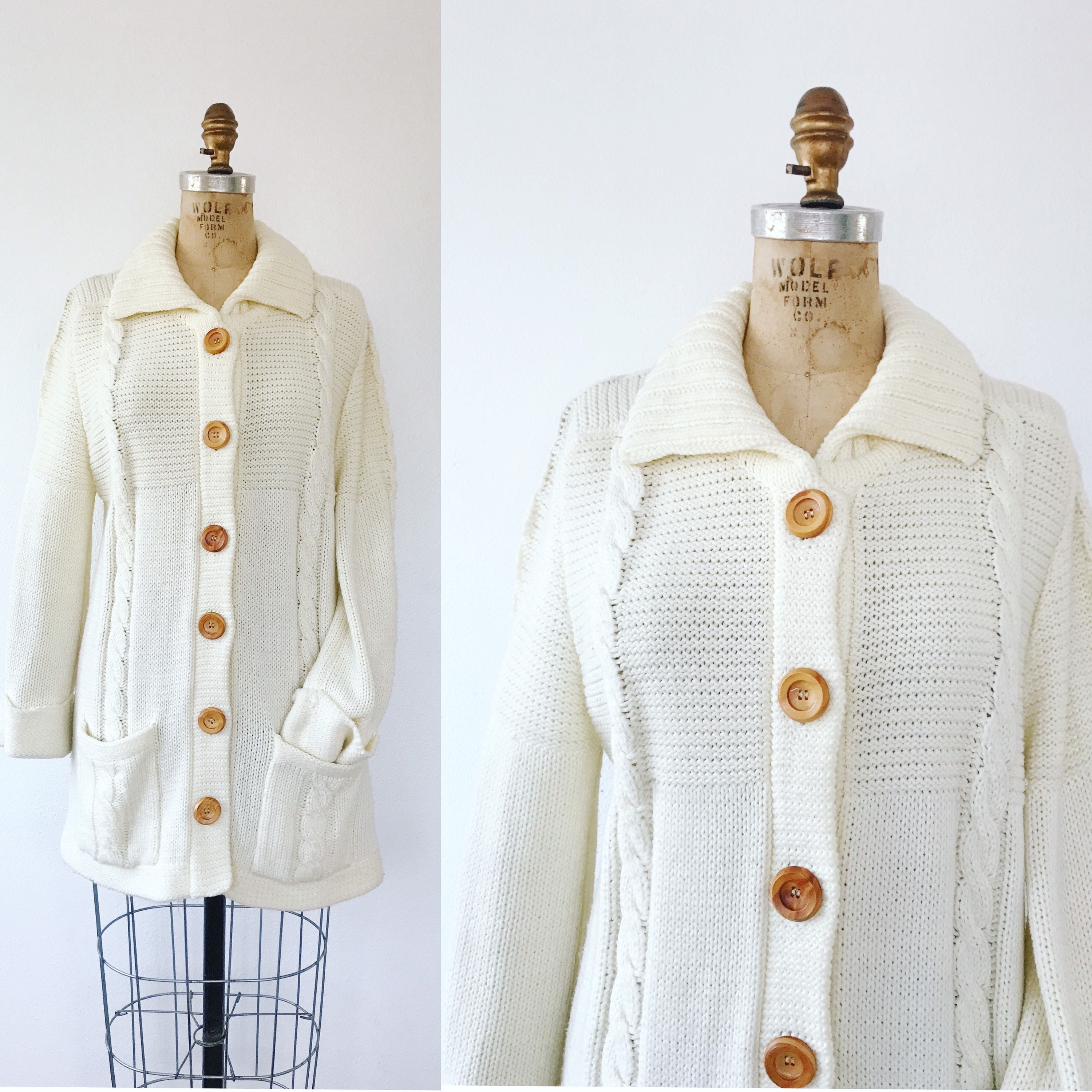 70s cardigan / vintage cable knit sweater / 70s cream knit