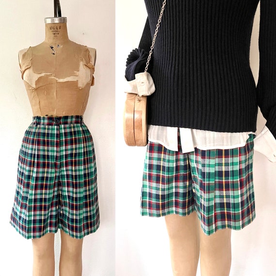 vintage plaid shorts / 80s vintage shorts / green 