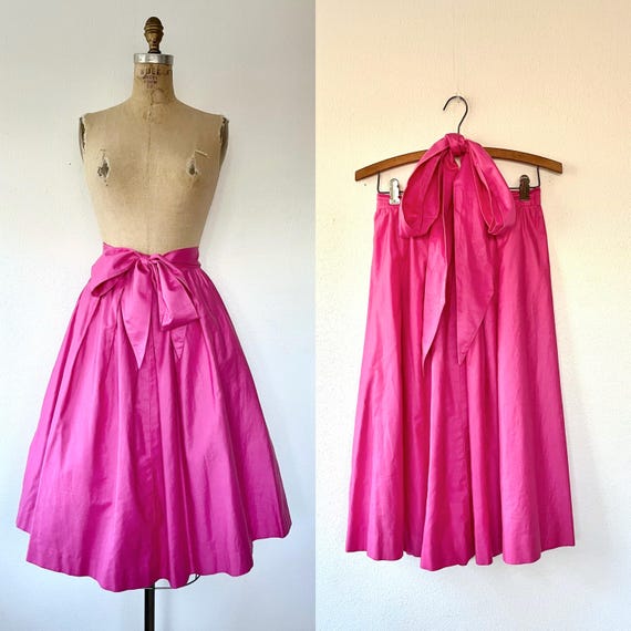 Candy Pink cotton skirt / vintage 50s skirt / polished pink bow skirt