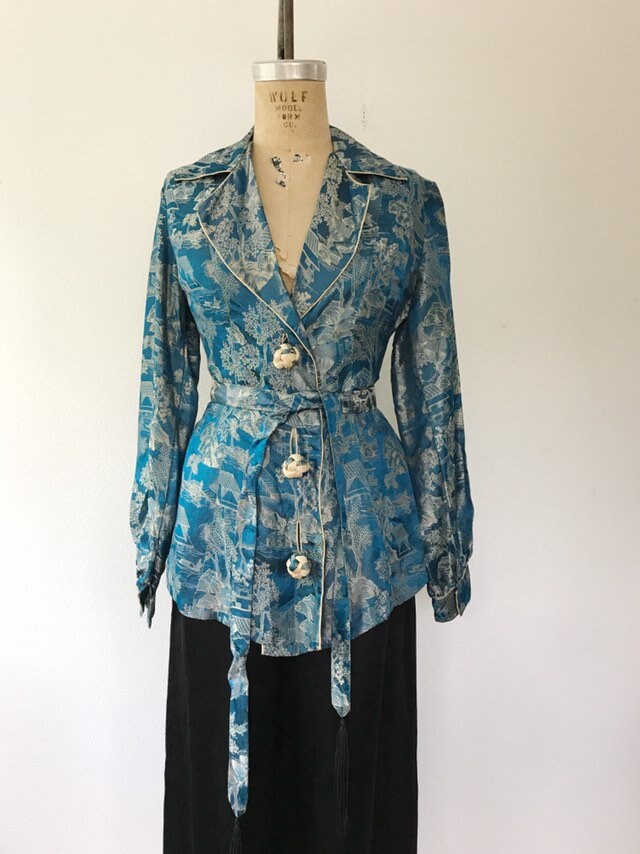 vintage silk pajamas / Chinoiserie silk pajamas / 30s Silk Cocktail Pajamas