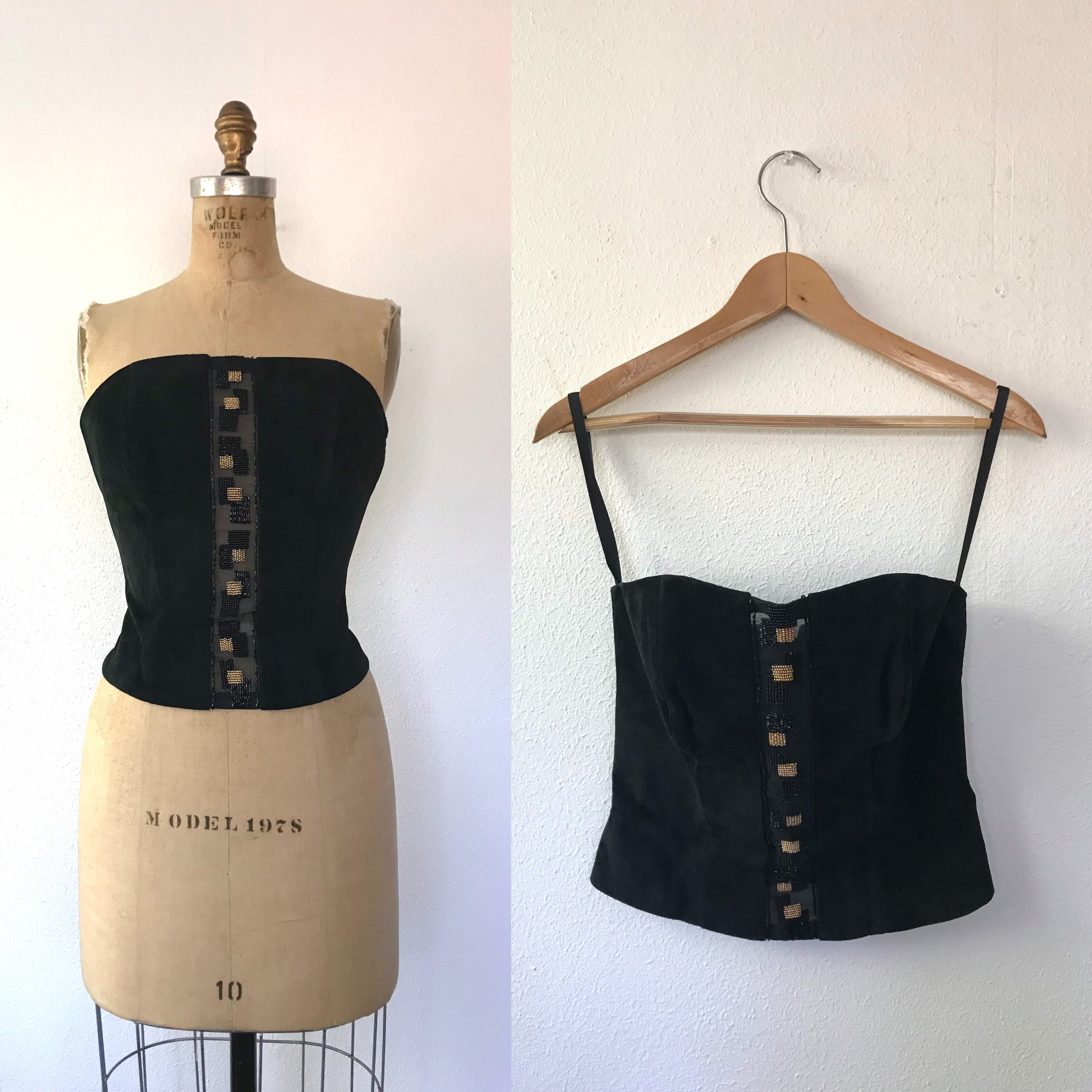 vintage corset top / 90s corset / black suede corset