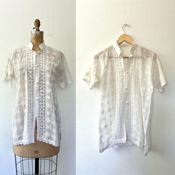vintage cotton tunic /sheer cotton blouse / embroidered white tunic