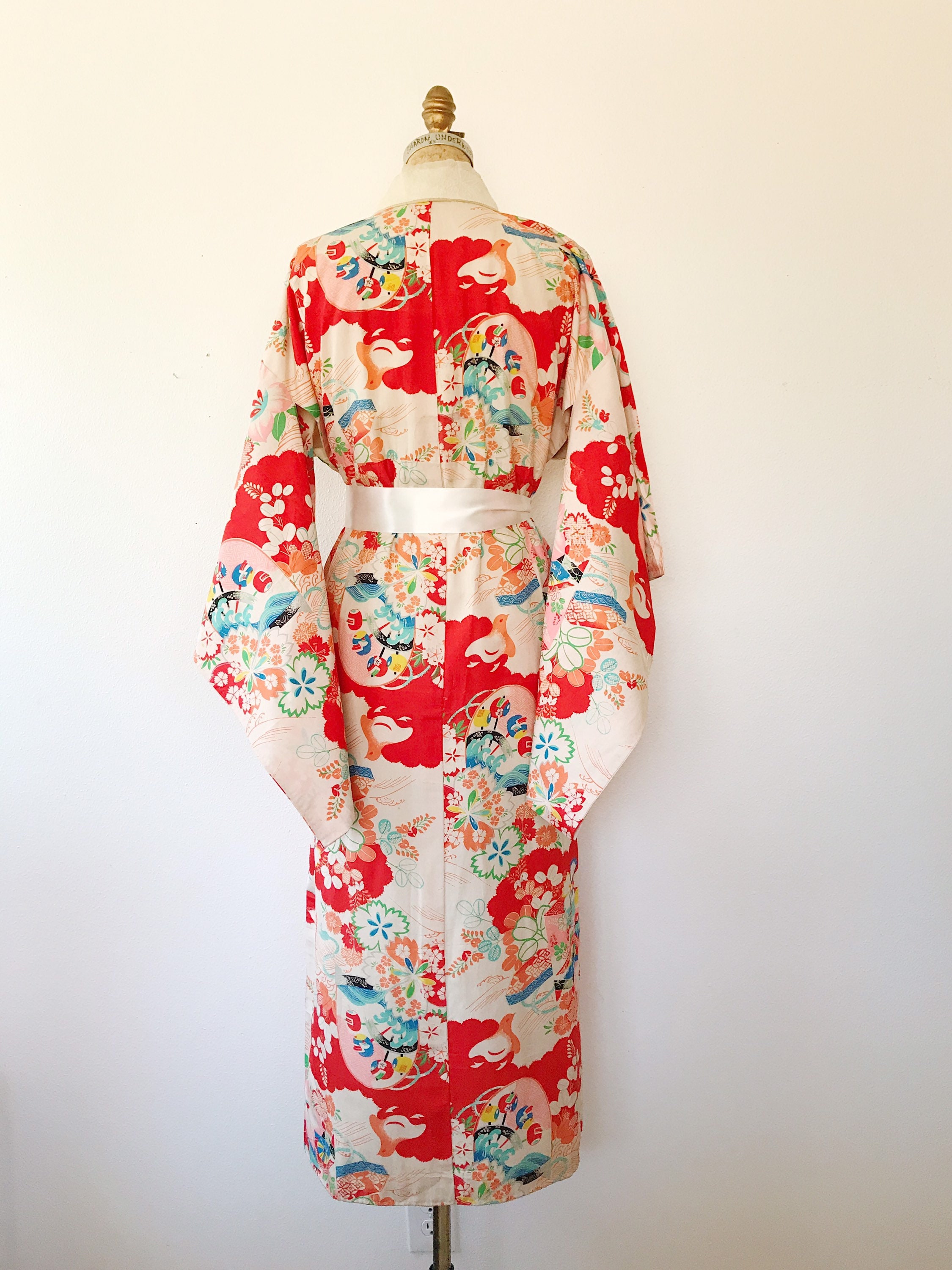 vintage kimono robe / vintage cotton kimono / Flower & Bird Juban kimono
