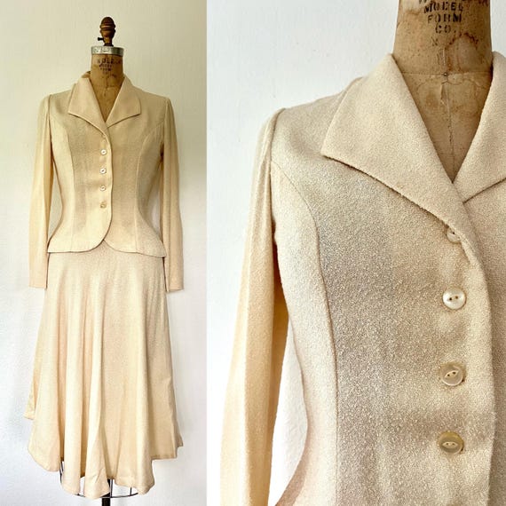 70s vintage skirt suit / cream knit blazer / vintage knit skirt set