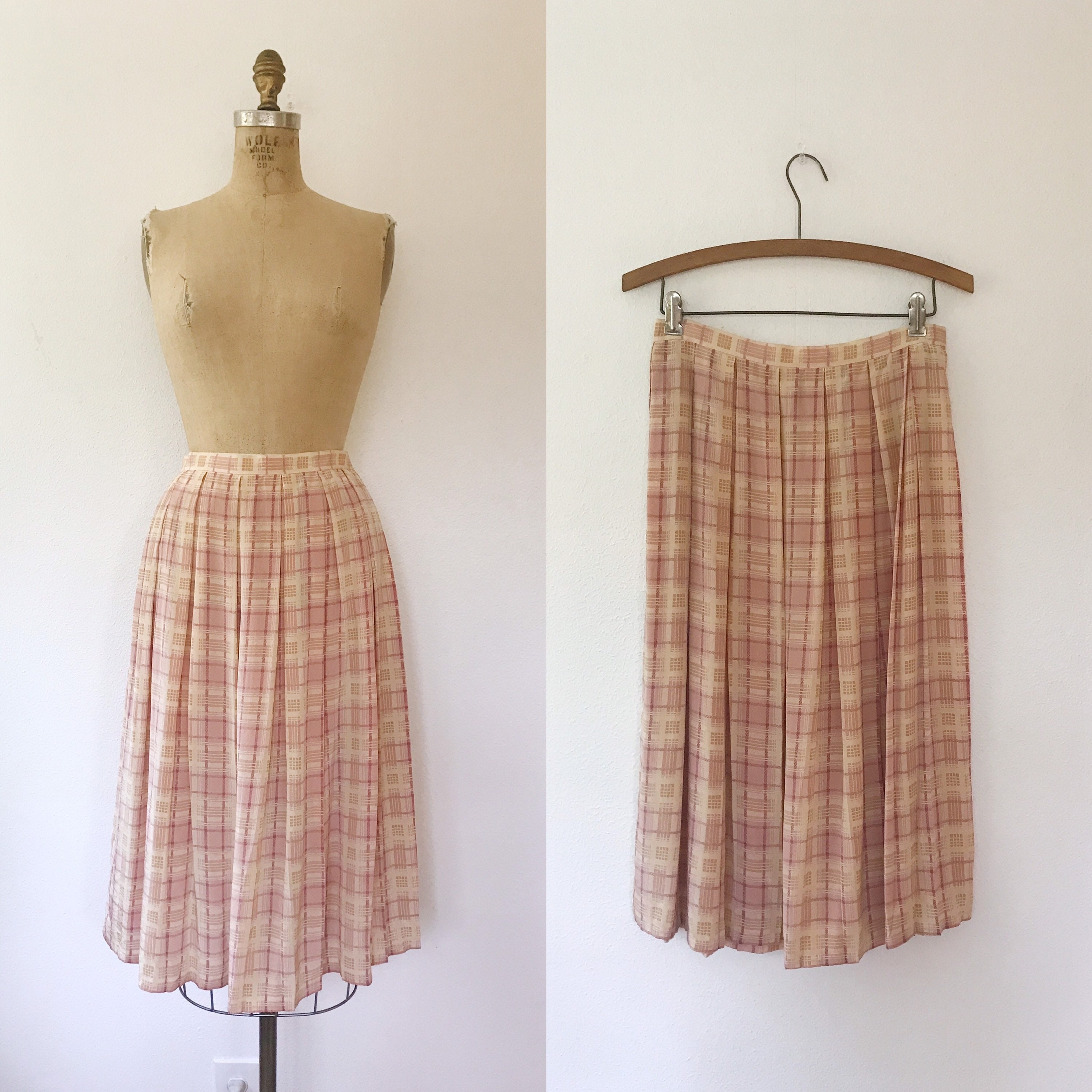 vintage silk skirt / silk pleated skirt / peach plaid skirt