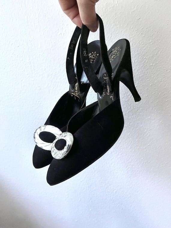 1950s heels / black sling-backs / velvet buckle heels