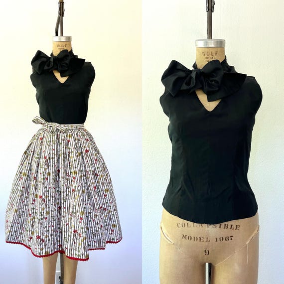 1950s vintage blouse / 50s bow blouse / black bow bouse
