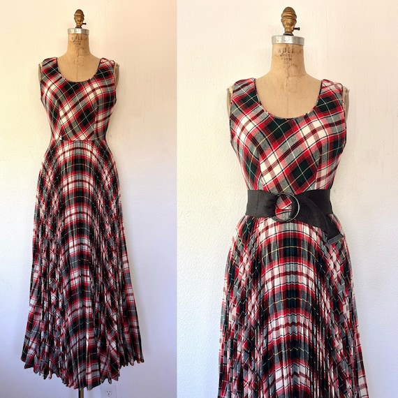 vintage plaid dress / red plaid wool dress / 60s pleated maxi dress