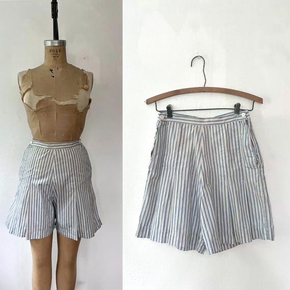 1940s vintage shorts / striped cotton shorts / side button Summer shorts