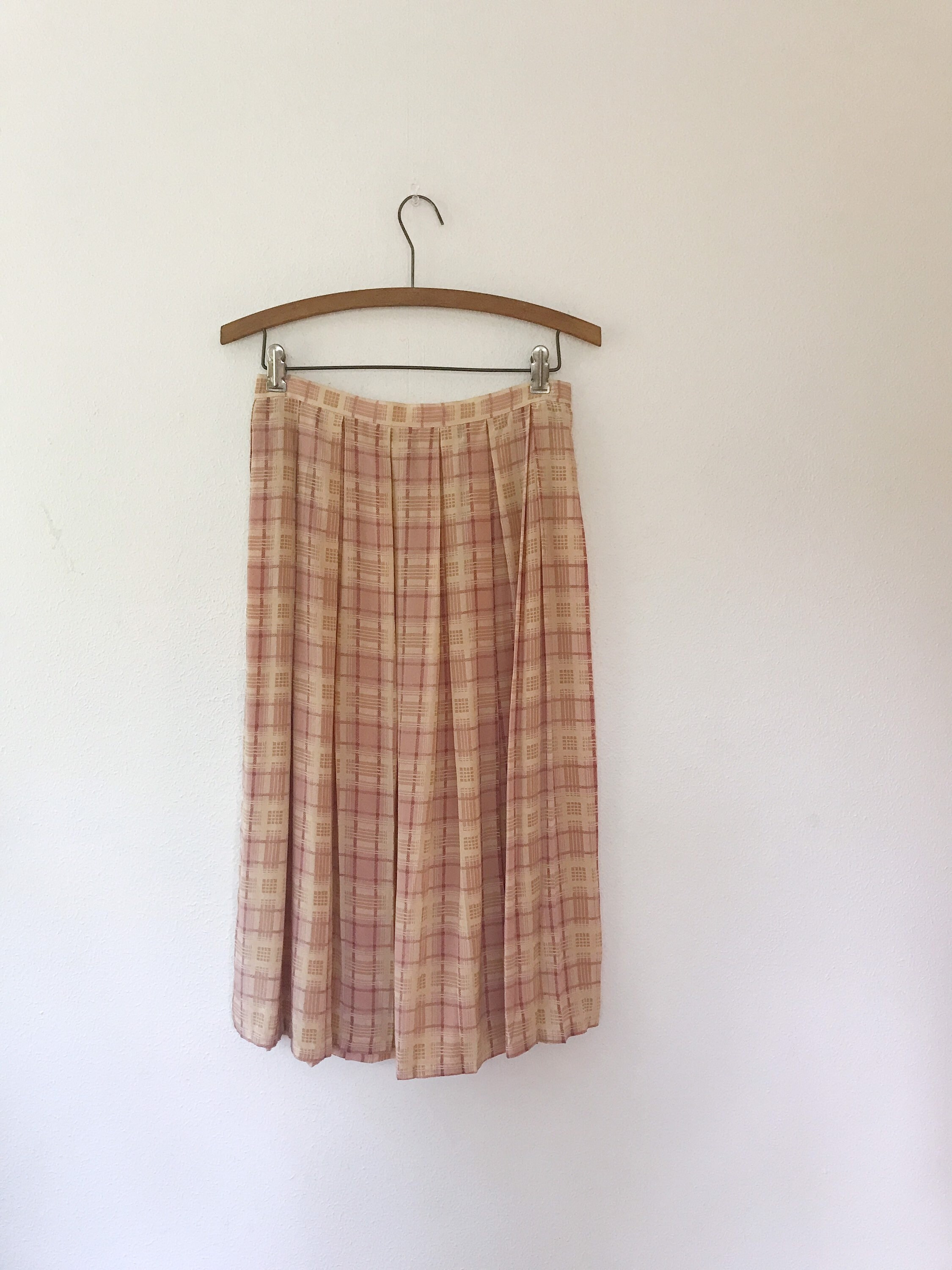 vintage silk skirt / silk pleated skirt / peach plaid skirt