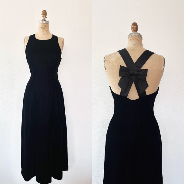 velvet cocktail dress / vintage 90s dress / bow halter dress