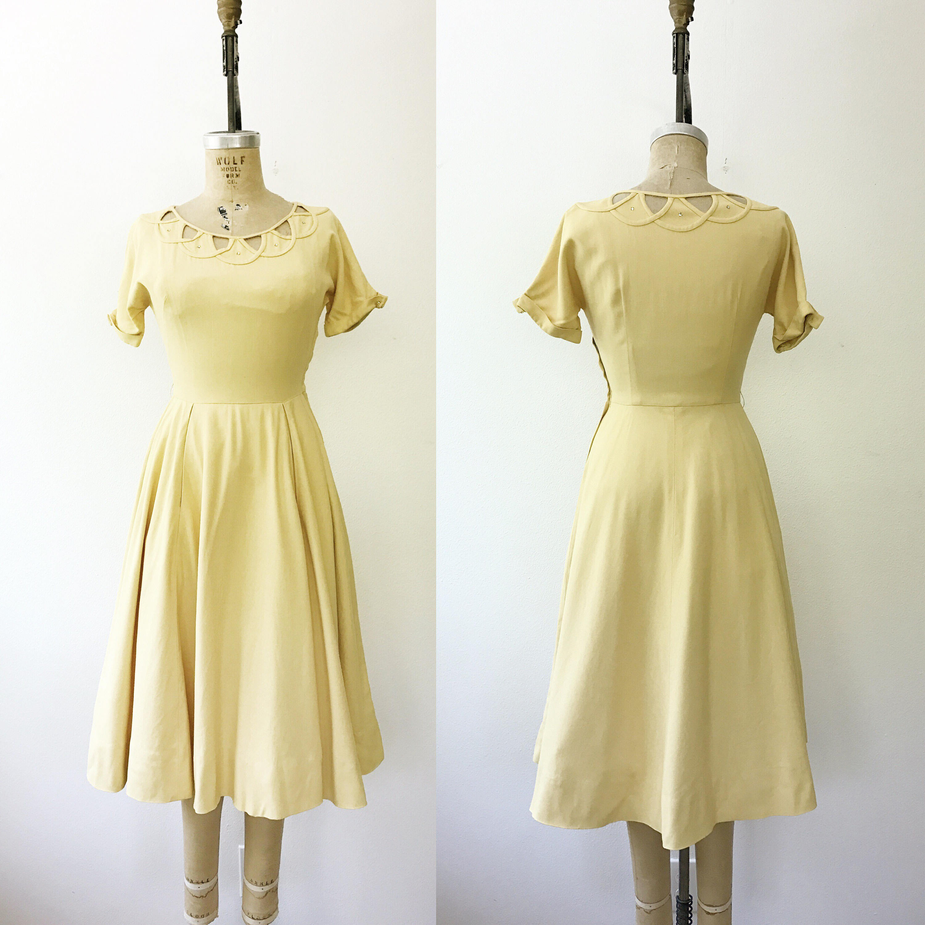 SALE 50s cotton dress 1950s yellow dress Cotton Lattice dress