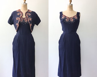 Moygashel dress / 1950s dress / beaded navy linen dress