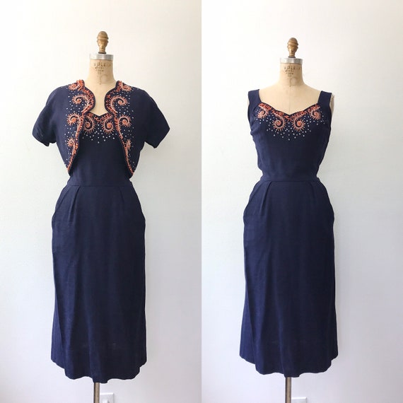 Moygashel dress / 1950s dress / beaded navy linen dress