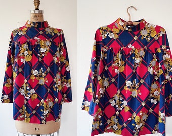 60s blouse / 1960s mod blouse / vintage floral smock