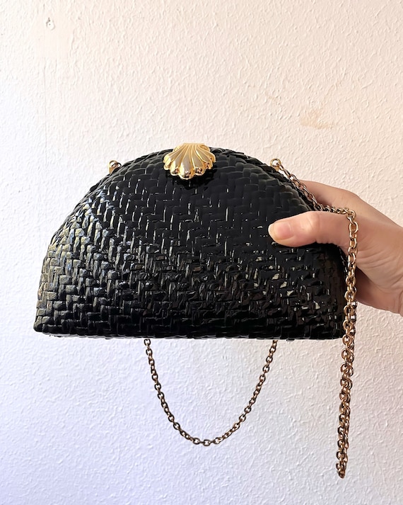 lacquered woven shoulder bag / 1980s handbag / vintage chain handbag
