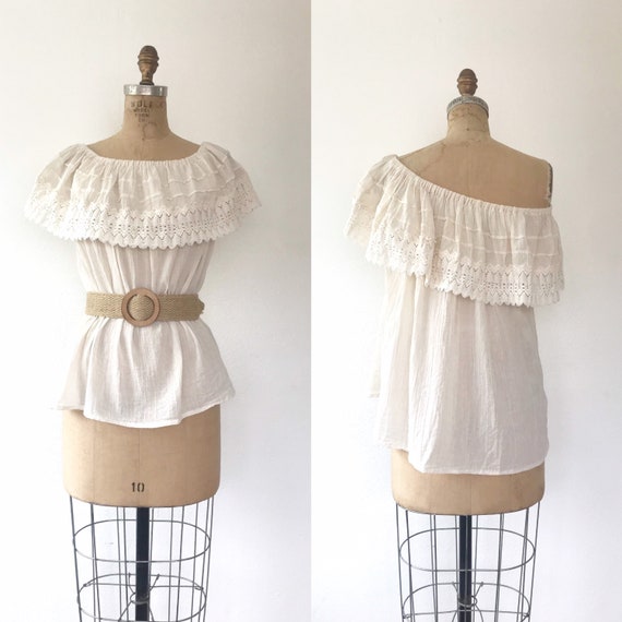 vintage cotton tunic / Baja cotton blouse / off the shoulder blouse