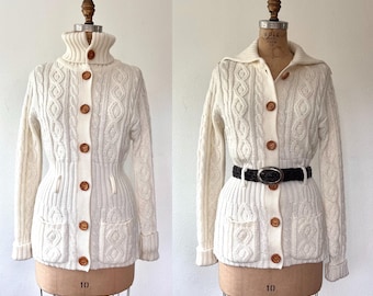 70s cardigan / vintage cable knit sweater / cream knit Turtleneck