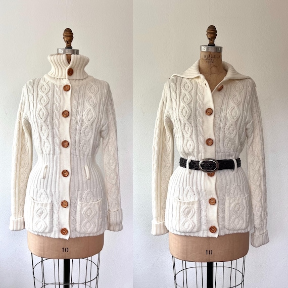 70s cardigan / vintage cable knit sweater / cream knit Turtleneck